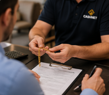 Two people signing a loan document