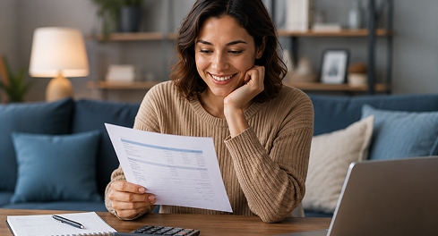Happy couple reviewing flexible repayment plan